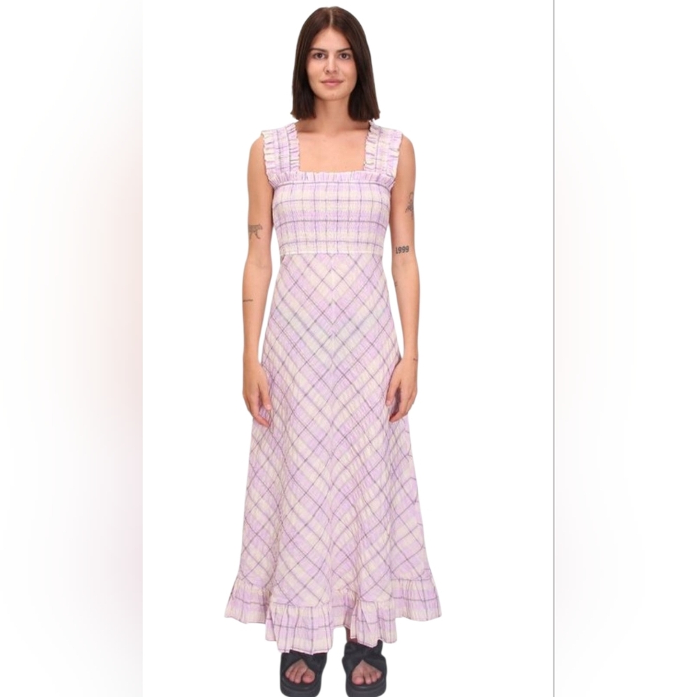 NEW Ganni Seersucker Plaid Maxi Dress Size 38 / US 6 Lavendar Cream